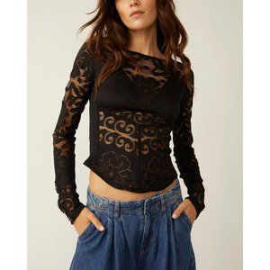 Free People Black Lace Long Sleeve Top